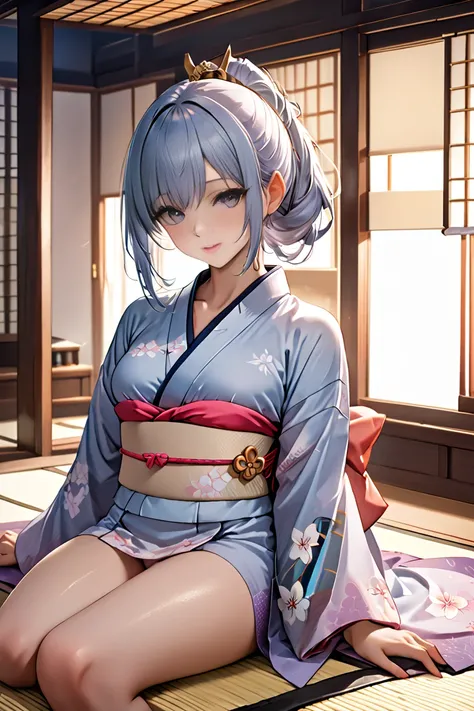 Pale Light Blue Hair 、 big breasts、 beautiful woman wearing traditional Japanese clothes 。 kimono is worn loosely 、 her collarbone and chest are slightly revealed 。 the silky smooth fabric 、 has a delicate flower pattern drawn on it 。The obi is tied loosel...