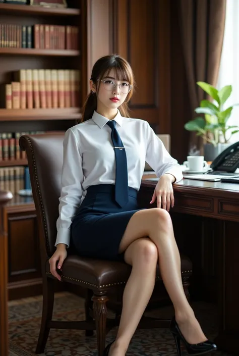 Sexy beautiful Japanese woman, a self defense officer uniform, wearing a white long-sleeved shirts, navy blue tie, navy blue pencil skirt, Black patent high heels, beautiful hip-line, Beautiful thighs, the woman wearing glasses, The woman is sitting in a c...