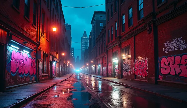 Set up the camera for a time-lapse shot, capturing the changing neon lights and shadows on the graffiti walls and road. The low-angle view emphasizes the dynamic energy of the scene.