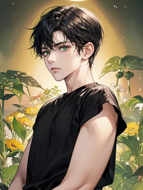 boy with green eyes, black wavy short hair. he thin. short hair. he have big eyes. expressionless. daydream. expressionless, he looks sleepy. wear black t shirt