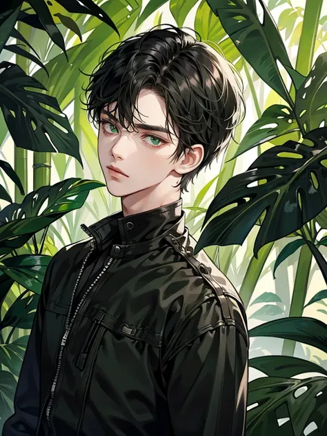 boy with green eyes, black wavy short hair. he thin. short hair. he have big eyes. expressionless. daydream. expressionless, he looks sleepy. wear black jacket. background on jungle.