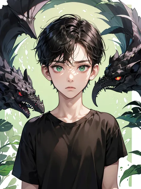 boy with green eyes, black wavy short hair. he thin. short hair. he have big eyes. expressionless. daydream. expressionless, he looks sleepy. wear black t shirt