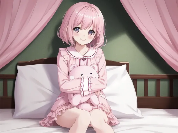 Top quality, high resolution, detailed, beautiful image quality, one girl, cute pale pink pajamas with frills, short hair, lolicon feel, smiling, hugging a white pillow, sitting on a bed, looking this way, cute design with pink as the main theme, sweet and...