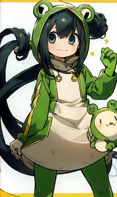 Vivid frog girl, Wakfu style manga,, Concept art,   Details,  top quality,  white background, 32K uhd, (frog costume:1.5),Lived _ Tsuyu, black hair,  chibi