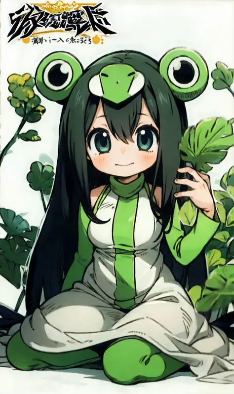 Vivid frog girl, Wakfu style manga,, Concept art,   Details,  top quality,  white background, 32K uhd, (frog costume:1.5),Lived _ Tsuyu, black hair,  chibi