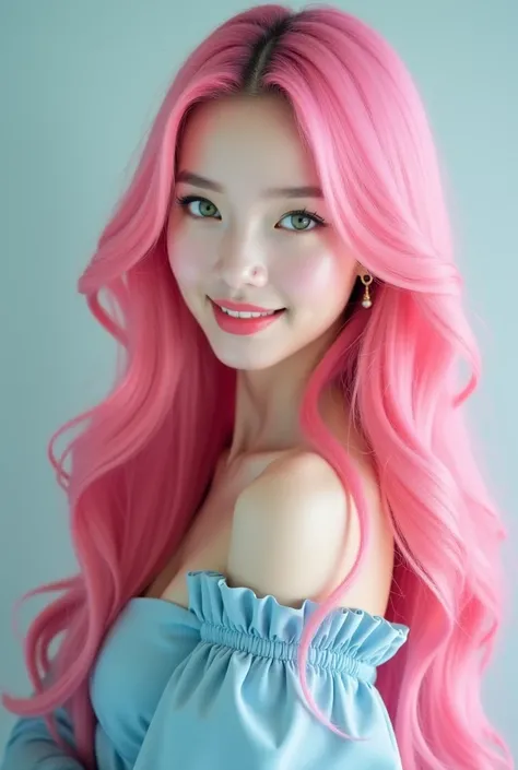 A woman with long pink hair, Eyes are green, Smiling expression,  wearing a light blue dress,  upper body portrait , The heroine in a romance fantasy novel, Images of oriental beauties(See K-pop idol Jang Won-young),  thick lips 