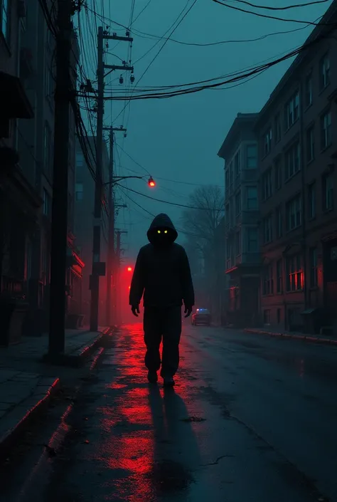 Edit message
Create me an illustration inspired by the novel The Outsider by Stephen King,  illustration in a city street with low lighting ,  dark and dark scenery ,  with a black figure with glowing eyes in the distance ,  The eyes of the shape in the sh...