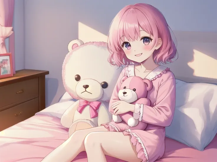 Top quality, high resolution, detailed, beautiful image quality, one girl, cute pale pink pajamas with frills, short hair, lolicon feeling, smiling face, holding a pink teddy bear, sitting on the bed, looking at me, cute design with pink as the main color,...