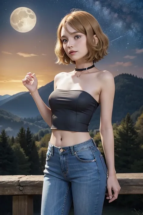 Serena, strapless blouse,  short hair ,  orange hair, collar,  slim body breasts,  small bust,  tall cowgirl , jeans,  pretty legs, landscape, mountainous, Outstretched hand,  starry sky,  Full Moon,