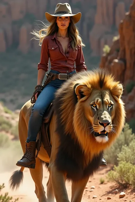 make a photo of a beautiful girl wearing a cowboy hat and jeans, riding a male lion