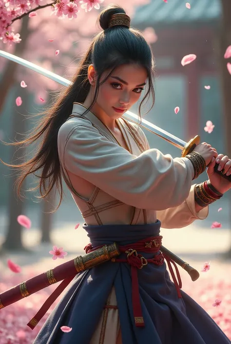 a beautiful woman, ((perfect body figure, beautiful face, big breast, big ass, focus and intense gaze, muscle)), kendo, intense pose , full body view, ready to attack pose, solid foundation of the kendo, sakura petals floatings