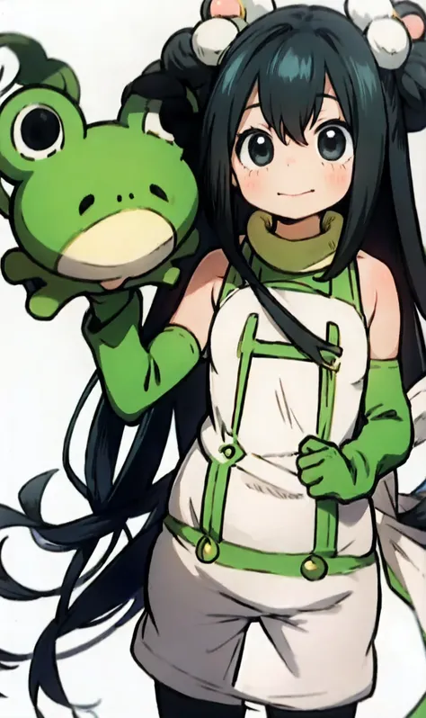 1 girl, Vivid frog girl, Wakfu style manga,, Concept art,   Details,  top quality,  white background, 32K uhd, (frog costume:1.5),Lived _ Tsuyu, black hair,  chibi