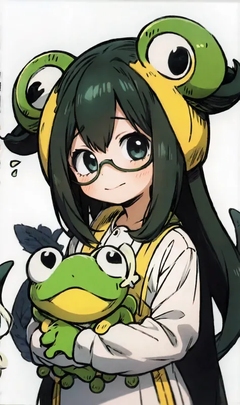 1 girl, Vivid frog girl, Wakfu style manga,, Concept art,   Details,  top quality,  white background, 32K uhd, (frog costume:1.5),Lived _ Tsuyu, black hair,  chibi