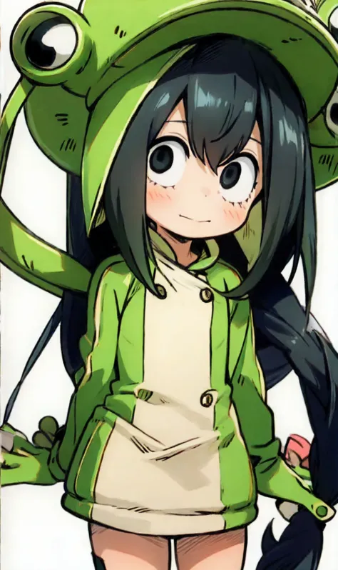 1 girl, Vivid frog girl, Wakfu style manga,, Concept art,   Details,  top quality,  white background, 32K uhd, (frog costume:1.5),Lived _ Tsuyu, black hair,  chibi