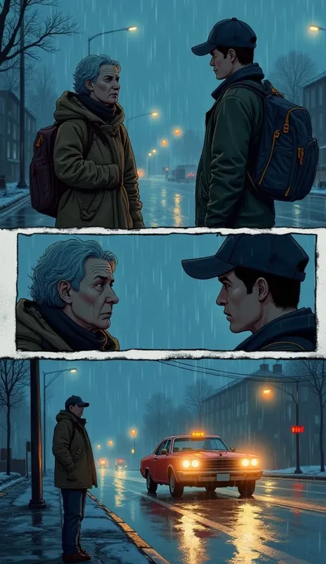  create a comic page with 3 scenes, for this industry
Scenario : "The last bus" *evening. Cold rain. A bus stop on the outskirts of the city. Two people are standing under the awning:  an older woman with bags and a young guy in a cap. An approaching bus i...