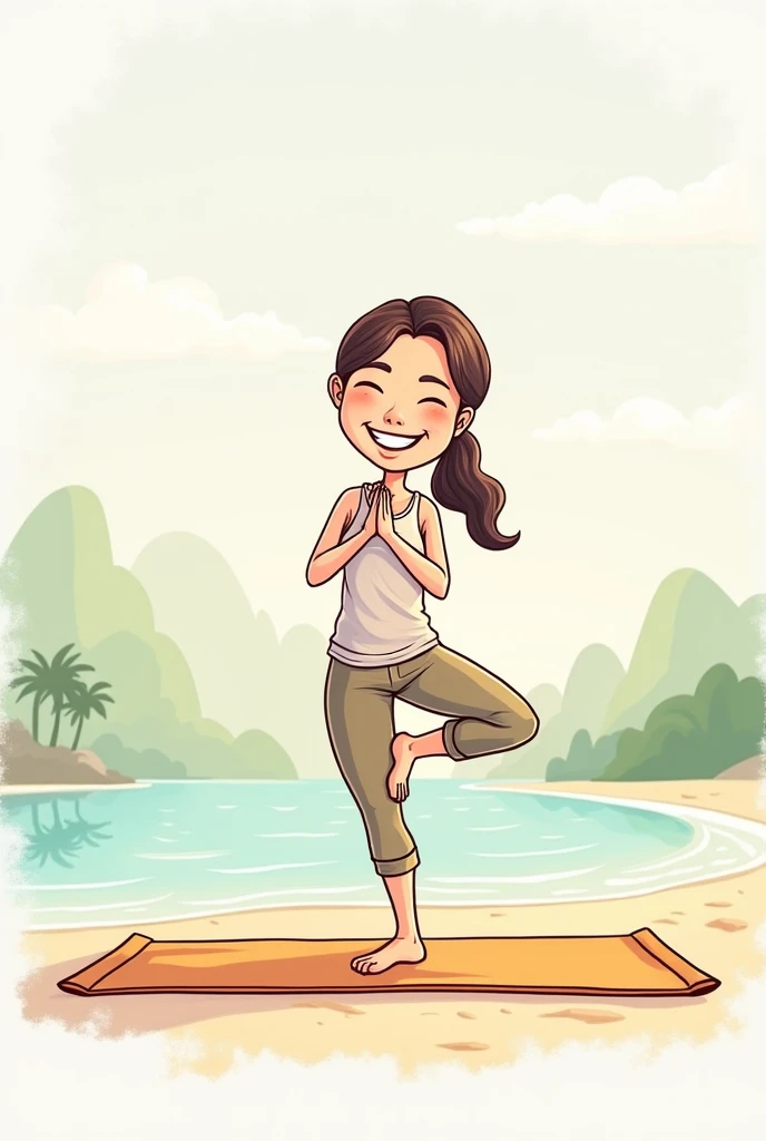  Draw a cartoon of a person practicing the Anjaneyasana pose .  Show a character with a big smile ,  in a stretching position ,  with one leg bent forward at 90 degrees and the other extended backwards with the knee on the floor.  The character may be wear...