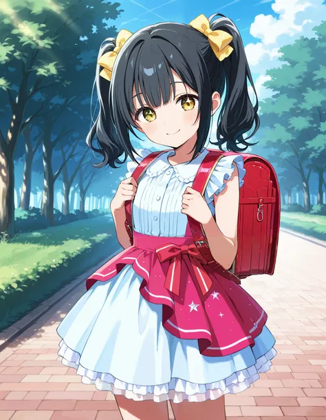 masterpiece, High resolution, 2d, anime, Black Hair p○nytail, hair ribb○n, 1girl wearing a pink id○l dress (((A sparkling idol dress:1.2)))、(Wearing a flipped up, too short mini frill skirt), (Yellow Hairのアジア人), Outdoor, ponytail, Are standing, Outdoor, we...