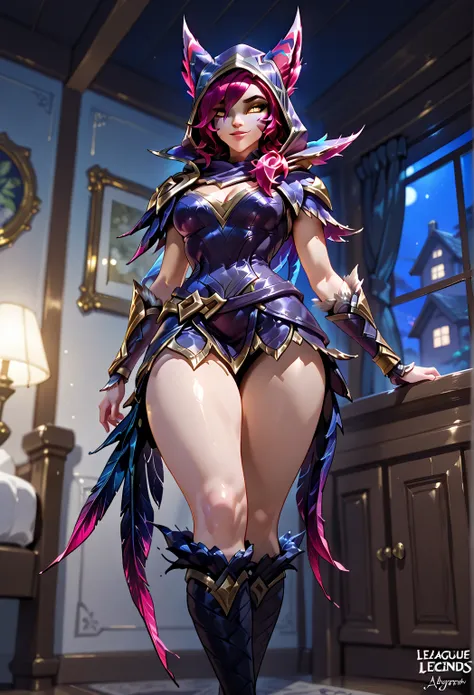 sharp_LASCALAE, ultra sharp focus,, tools, more_details_x l, details:1.5, anime, ((1girl Xayah, (League of Legends))，（((House, Interior, night)) )，((Detail)),（(Illustrations, Artgerm))，（Really, sense of reality：1.4），（perfect lighting, lensing, extremely de...