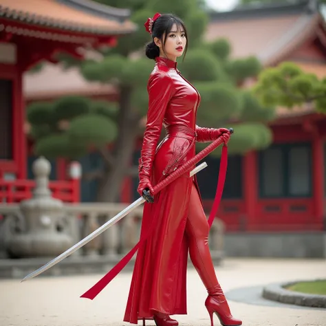 Beautiful Young Japanese Woman in Red Shiny Lipstick in Red Leather Superhero Costume in Red Leather Gloves in High Heel Sandals Standing with Katana in Hand in Japanese Park in Japanese Palace Side View