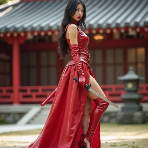 Beautiful Young Japanese Woman in Red Shiny Lipstick in Red Leather Superhero Costume in Red Leather Gloves in High Heel Sandals Standing with Katana in Hand in Japanese Park in Japanese Palace Side View