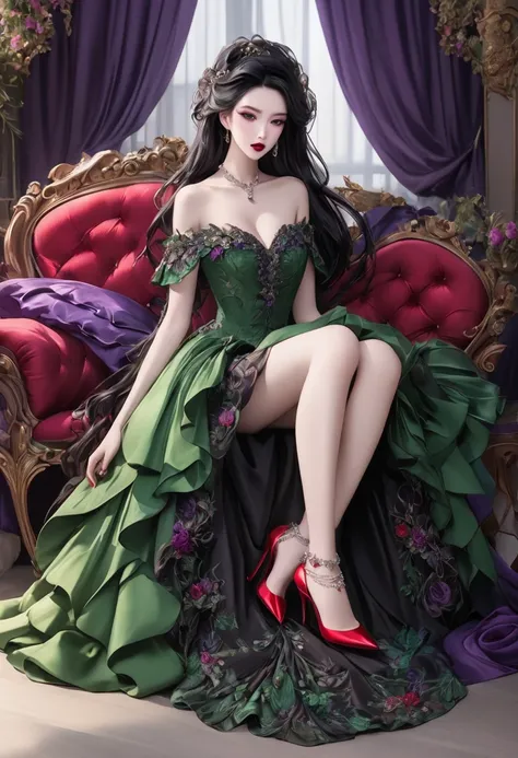    black hair long hair。 Purple inner color 。   Intellectual dark green eyes with an unobtrusive expression  。  red lips like an apple  。  Beautiful Woman Breaking Her Ass  。 What is a rococo style dress with an elegant and pure design、 has a mysterious at...