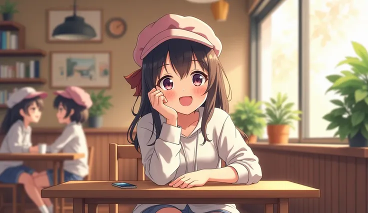 an extrovert cheerful anime girl sitting in a cafe looking at me. she wear casual outgoing clothes. also she wear a hat which making her cuter