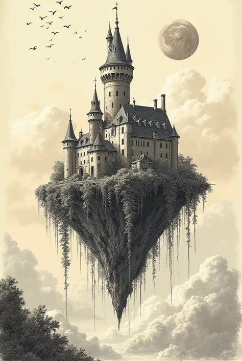 medieval European castle with a high tower, on an island (the island hovers above the earth), streams of water flow down from the island and vines hang down, a flock of birds flies high above the castle, sunset, many clouds in the sky, in the sky there are...