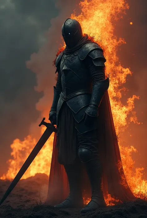 A forgotten knight burning with black flames all over his body, and a long and large black sword standing upright beside him. Glowing border, high quality, 8K,Cinematic Lighting