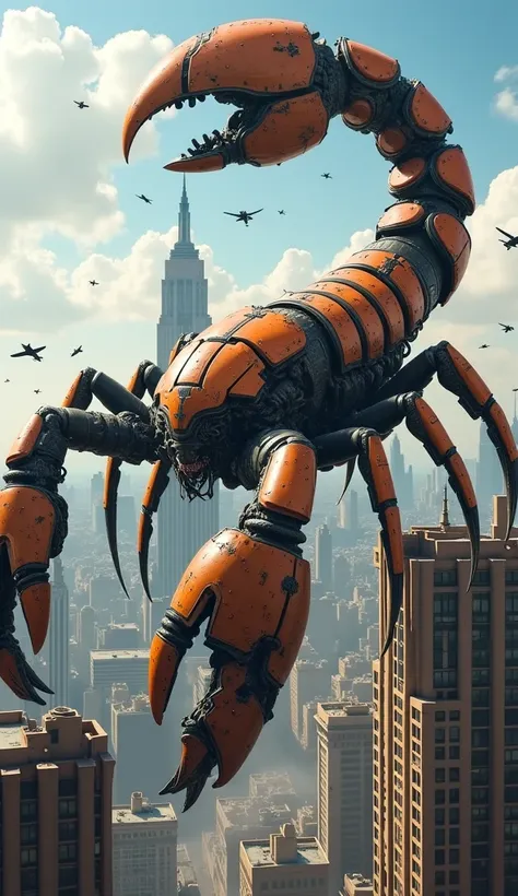 A skyscraper-sized mechanical scorpion moves across the city, tearing through buildings with its massive claws. Its legs crush rooftops, sending debris crashing below. The gigantic, plasma-charged tail arches high, then plunges through a tower, splitting i...