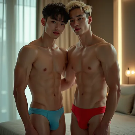 2 realistic Korean gay boys , looking at he viewer, both are beautiful and sexy, one boy is 5 feet 6 inches, 19 years old, slim body, white skin color, beautiful deep black eyes, bare and naked chest, wearing sky blue v shaped underwear, looking at he view...