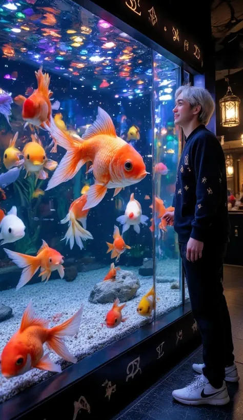 Fantastic goldfish exhibition。In the center is a beautiful square aquarium、Goldfish are swimming gracefully in the exhibition。  The area around the aquarium is wrapped in bright lighting and a geometric stained glass design、Colorful lights are reflected, c...