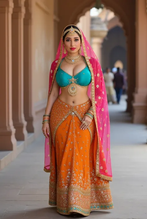 An Indian princess with huge natural breasts revealing cleavage, wearing an orange and turquoise lehenga with gold embroidery, pink dupatta on head, adorned with a heavy necklace, maang tikka, and bangles, wearing an Indian crown (Mukut), walking gracefull...