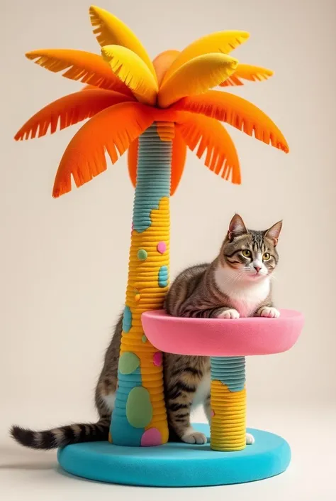 Create a modern, colorful, and dopamine-inducing scraching tree for cats. Unique. Like a huge palm tree or an huge cloud, or an huge something. The name of my brand ‘Chuchi’ The design is vibrant and playful, incorporating a mix of bold and cheerful colors...