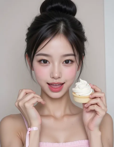 (A super cute female college girl with big breasts pours fresh cream on her cheeks with her tongue while holding a shortcake:1.2)(Grinning,smile:1.2)( I'm happy:1.1)(16k,  RAW photos ,  top quality,  Masterpiece: 1.2),( cute bun hair with glossy black hair...