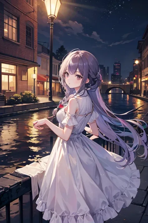   attention to detail ,  Super Detail,  super high resolution, girl leaning on a bridge, The outfit is random, Long hair with braids at the back, A river flows behind the girl, Late Night, Streetlights are on along the river, delicate face, Add some fun , 