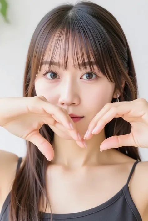  Super Fine、Picture of her face 、 and she has a smile showing her teeth,  I'm wearing a camisole ,  I'm posing with my hands crossed in the shape of a heart in front of my chest、 simple background 、   high definition、細部にわたって  high definition