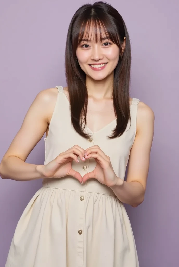  Super Fine、Picture of her face 、 and she has a smile showing her teeth,  I'm wearing a camisole ,  I'm posing with my hands crossed in the shape of a heart in front of my chest、 simple background 、   high definition、細部にわたって  high definition