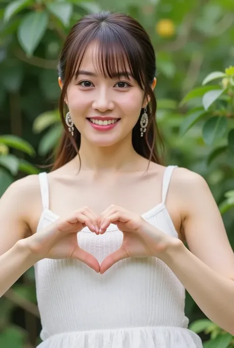  Super Fine、Picture of her face 、 and she has a smile showing her teeth,  I'm wearing a camisole ,  I'm posing with my hands crossed in the shape of a heart in front of my chest、 simple background 、   high definition、細部にわたって  high definition