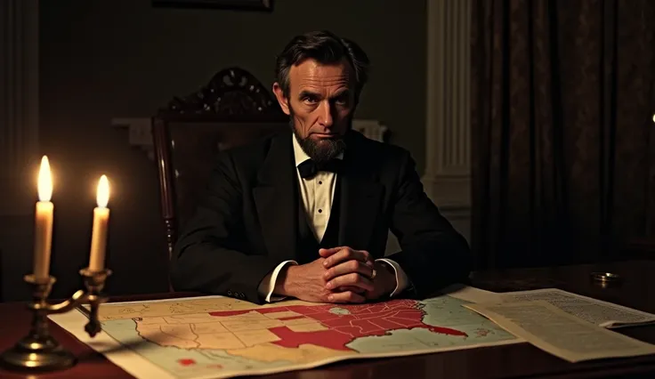 Abraham Lincoln sits alone at his desk, surrounded by the weight of the nation's crisis. Papers outlining secession lay before him, his face marked by the exhaustion of a man who knows that preserving the Union could cost him everything—his career, his rep...