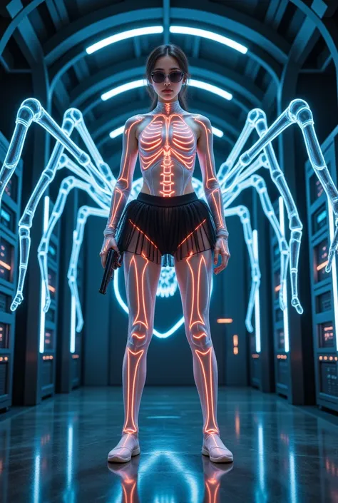 GJGJAA,figure costume in the shape of neon skull glass,(Wide and high angle view from first floor). At dark night, in a sci-fi conceptual transparent dome-shape multi-storey AI Research Center with IC-like glass floor, an incomplete holographic side-view g...