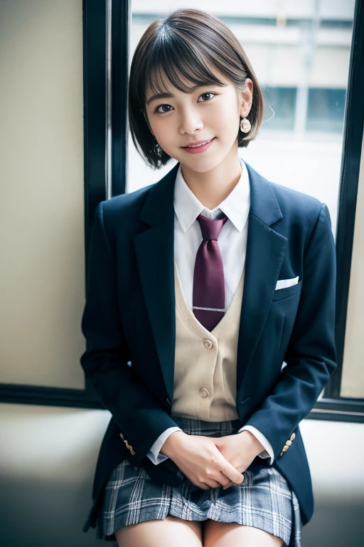 Winter scenery outside the window 、School、Winter uniform、8K RAWフォト、 high resolution、 short cut hairstyle 、 Japanese women 、school uniform、 tie、 blazer、 Tight Skirt、  beautiful fine eyes  、 long eyelashes、  beautiful double eyelids standing on the train  、 ...