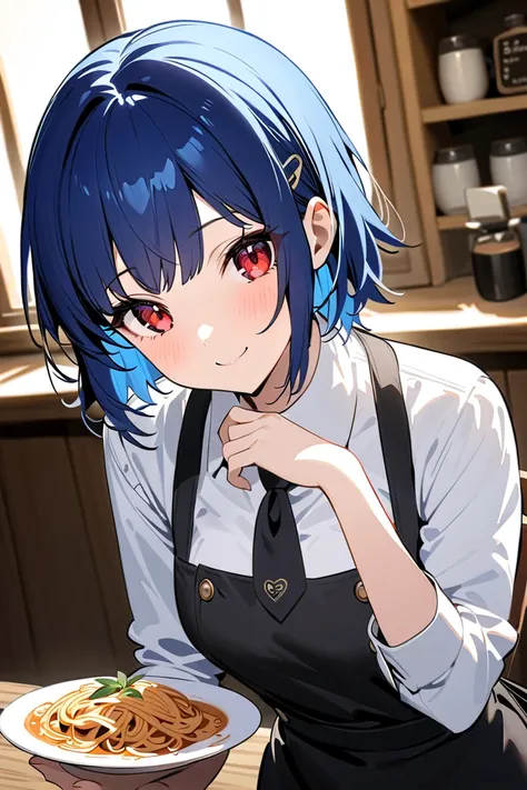 1 girl, masterpiece,  high resolution, accurate,  high detail, 
High school student with short blue hair and striking red eyes, A blue-haired, short-haired high school girl with red eyes working as a barista in a cafe. She's wearing a white shirt, black ti...