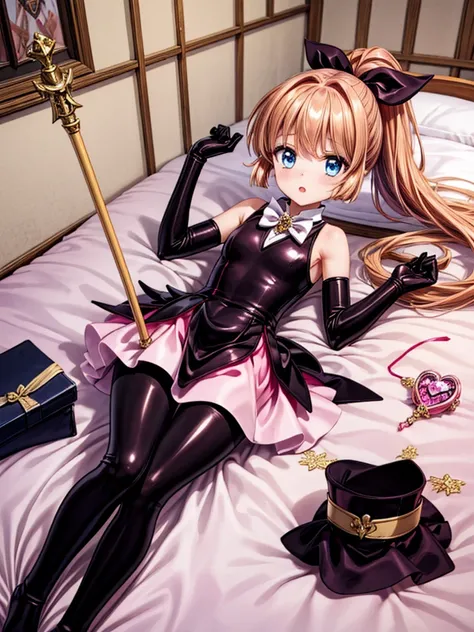 one girl, Meimi Haneoka, Saint tail, cute face, thin and tall, nervous and scared, blue eyes, brown long hair, ponytail with ribbon, magical girl, black and pink sleeveless dress, black elbow gloves, black pantyhose, black thigh boots, magical stick, full ...