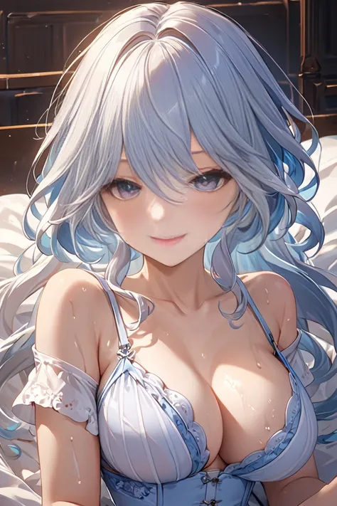 Pale Light Blue Hair 、 big breasts、Lie on your back on a fluffy bed、 A beautiful woman holding out her hands 。The expression is gentle、With a smile、 her eyes shine brightly and attractively 。Long hair flowing down her shoulders 、 her slightly disheveled ap...