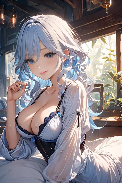 Pale Light Blue Hair 、 big breasts、Lie on your back on a fluffy bed、 A beautiful woman holding out her hands 。The expression is gentle、With a smile、 her eyes shine brightly and attractively 。Long hair flowing down her shoulders 、 her slightly disheveled ap...