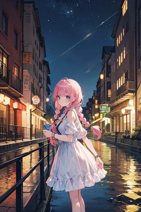   attention to detail ,  Super Detail,  super high resolution, girl leaning on a bridge, The outfit is random,  long hair with braids at the back, A river flows behind the girl, Late Night, Townscape of buildings, Streetlights are on along the river, The n...