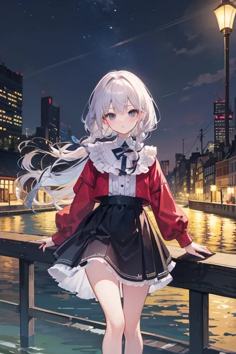   attention to detail ,  Super Detail,  super high resolution, girl leaning on a bridge, The outfit is random,  long hair with braids at the back, A river flows behind the girl, Late Night, Townscape of buildings, Streetlights are on along the river, The n...