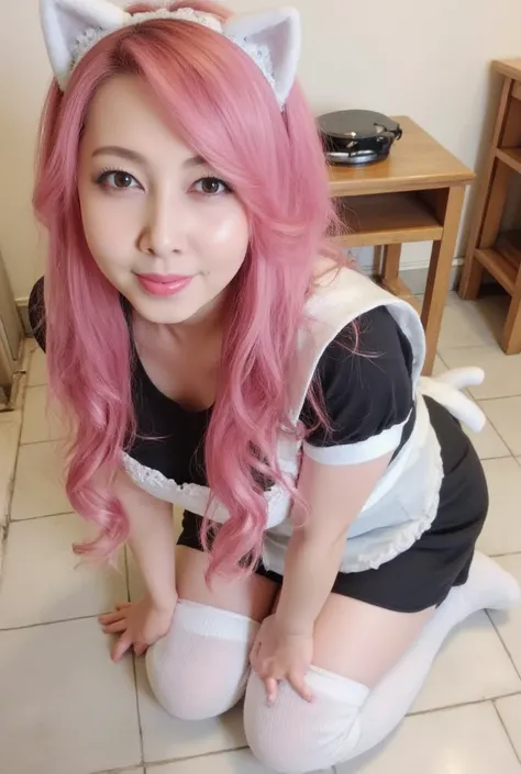 masterpiece, best quality, {best quality},{masterpiece},4k CG,1girl,{{loli}}, {{cute}},long pink hair,white thighhighs ,cat ears,cat tail,maid dress,kneeling,sitting on floor,looking at viewer,