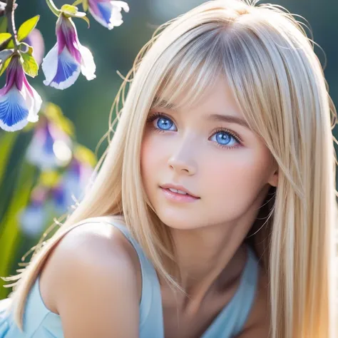  beautiful cute face, beautiful beautiful blonde hair ,Half Body Shot,美しい長いbangs, beautiful cute hair between the eyes , model,Round face、very bright pale light blue eyes、 big eyes、pure white beautiful skin 、 the luster of young cheeks 、Pink dress、 long ha...