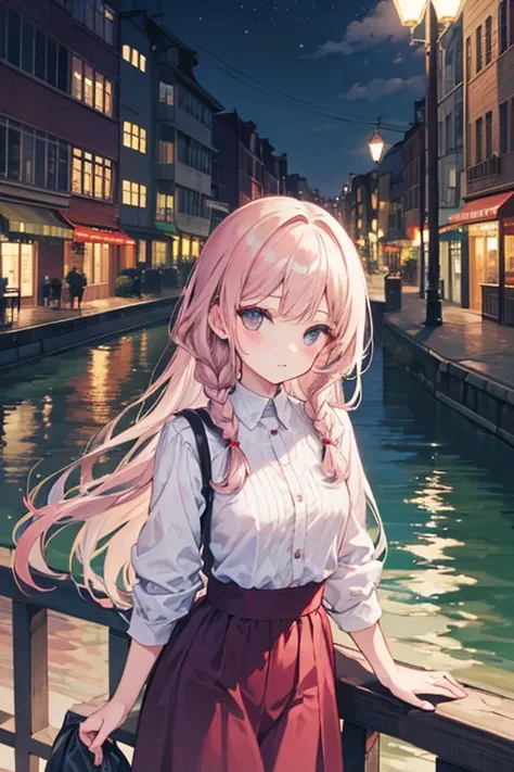   attention to detail ,  Super Detail,  super high resolution, girl leaning on a bridge, The outfit is random, Long hair with braids at the back, A river flows behind the girl, Late Night, Cityscape, Streetlights are on along the river,  The number of stre...